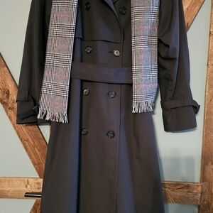 London Fog Black Double-Breasted Trench Coat with Scarf